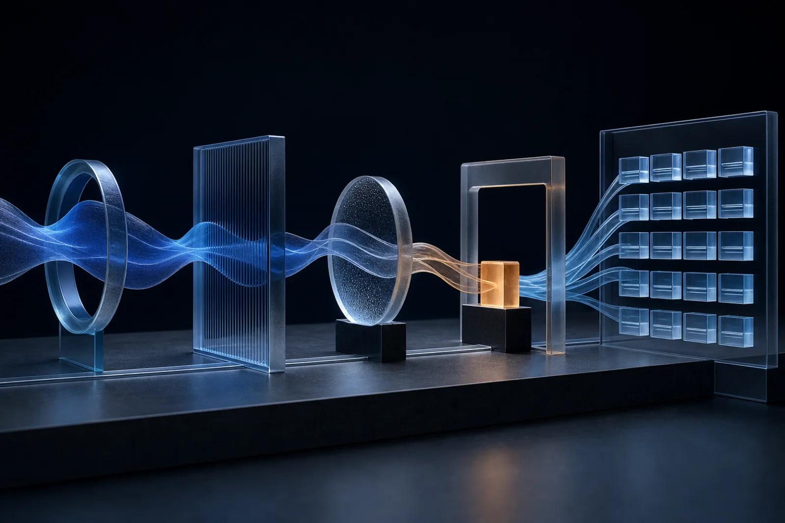 A blue call signal passing through transparent processing gates, an amber human-review exception, and into a structured record.
