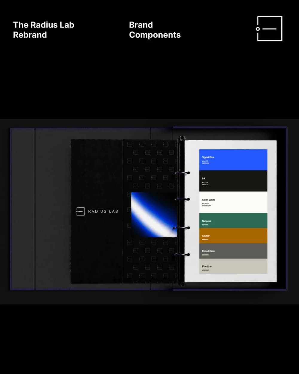 The Radius Lab brand identity: an open black ring binder with the Radius mark and colour palette.