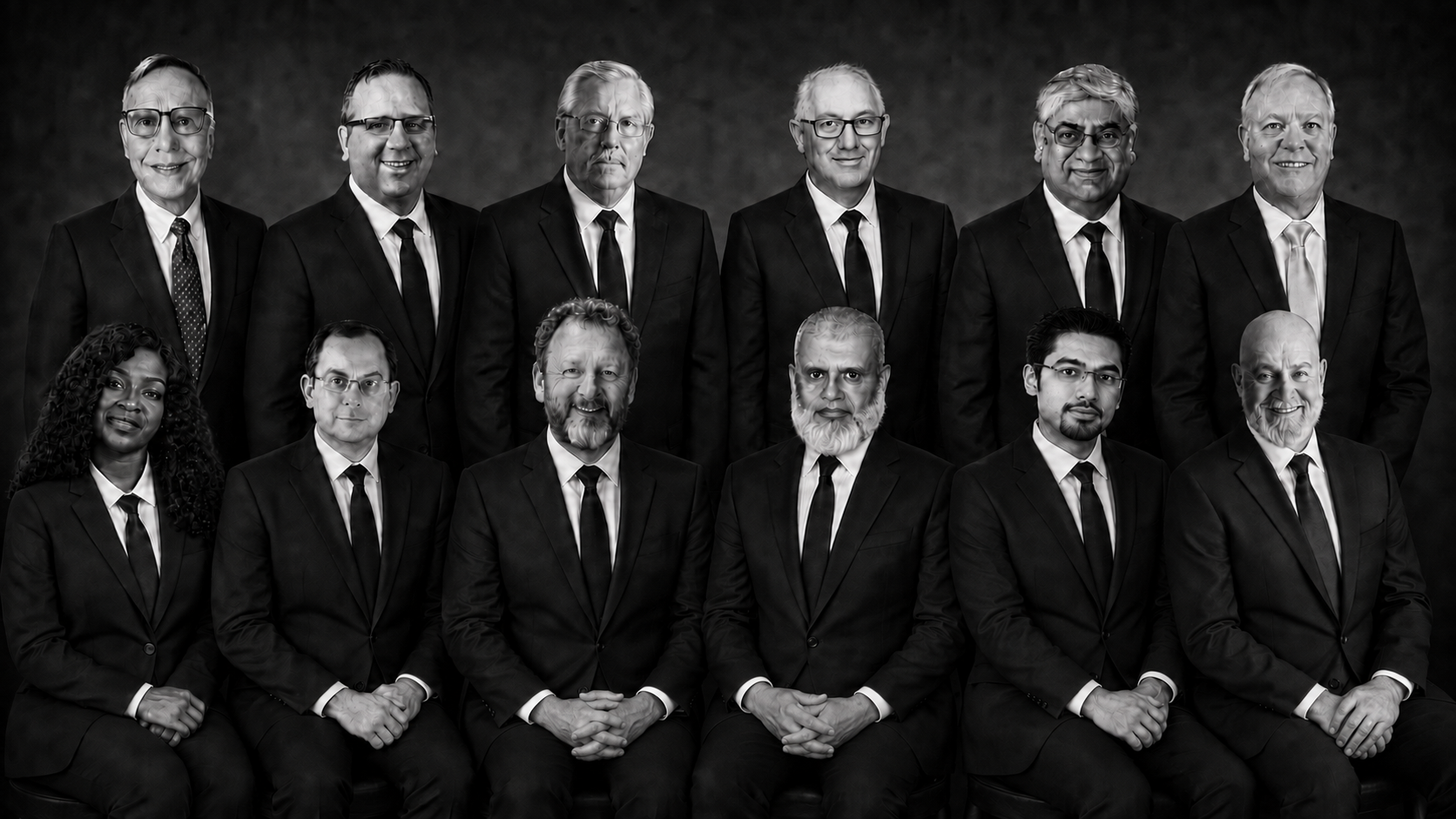 Group portrait of GRC Metrix team members in formal business attire.
